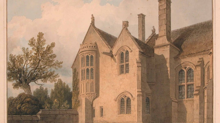Photo of a watercolour painting of the north west front of Great Chalfield House, Wiltshire, sketched by J.C. Buckler, August 1823.